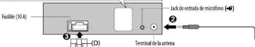 Fusible (10 A) Jack de entrada de micrófono (●) Terminal de la antena (D)