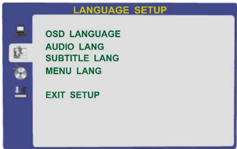 LANGUAGE SETUP OSD LANGUAGE AUDIO LANG SUBTITLE LANG MENU LANG EXIT SETUP