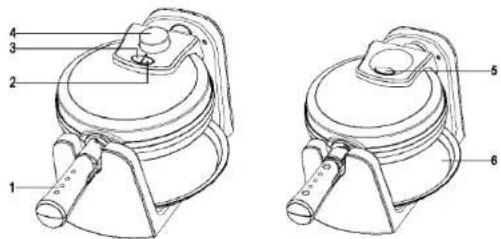 Technical diagram of a mechanical device with numbered parts labeled 1 through 6