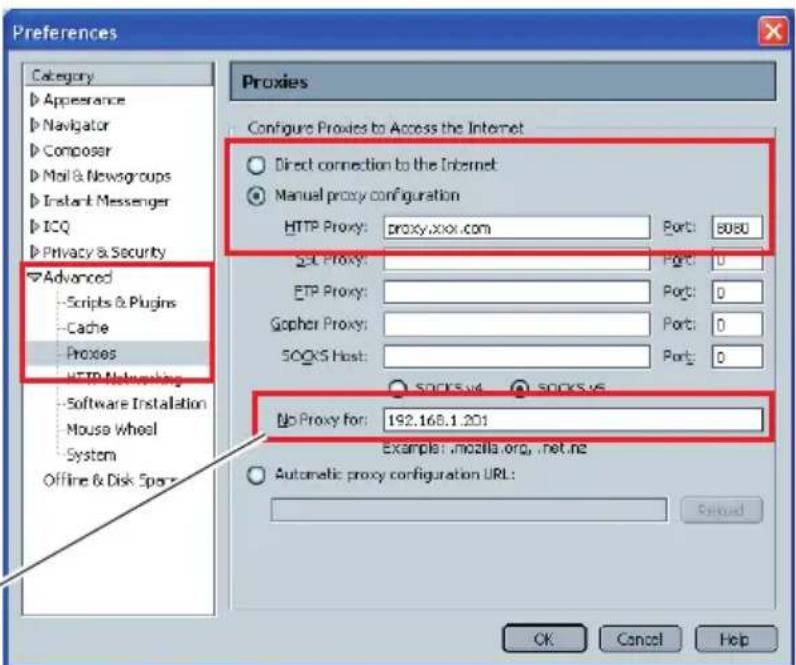 Preferences Category Appearance Navigator Composer Mail & Newsgroups Instant Messenger ICQ Privacy & Security Advanced Scripts & Plugins Cache Proxies HTTP Networking Software Installation Mouse Wheel System Offline & Disk Spars Proxies Configure Proxies to Access the Internet Direct connection to the Internet Manual proxy configuration HTTP Proxy: proxy.xxxi.com Port: 8080 SQL Proxy: Port: 0 ETP Proxy: Port: 0 Gopher Proxy: Port: 0 SOCKS Host: Port: 0 SOCKS.v4 SOCKS.v5 No Proxy for: 192.168.1.201 Example1 :mozilla.org , net.ne Automatic proxy configuration URL: OK Cancel Help