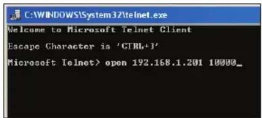 C:\WINDOWS\System32\telnet.exe Welcome to Microsoft Telnet Client Escape Character is 'GTRb+1' Microsoft Telnet> open 192.168.1.201 10000_