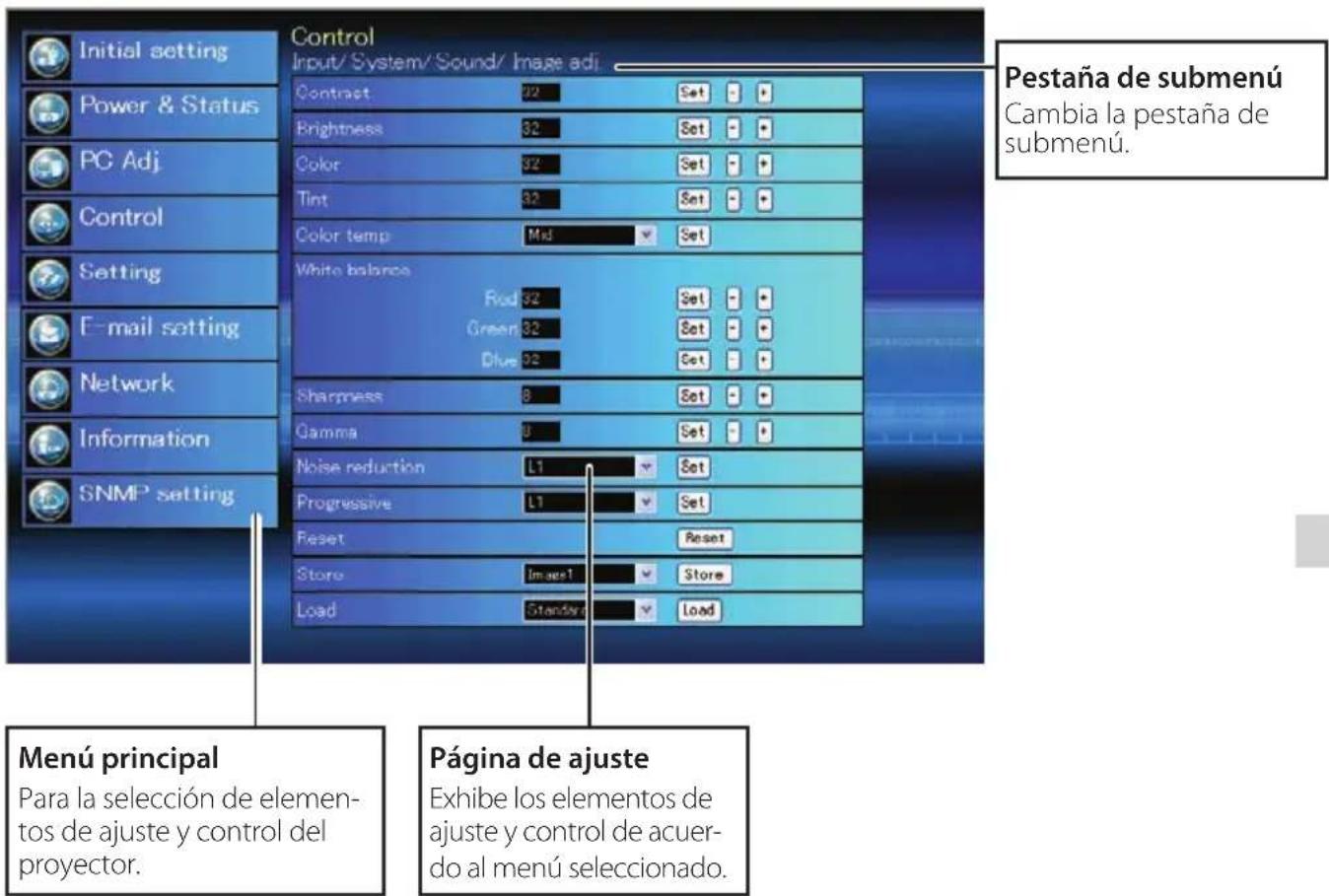 Control Input/ System/ Sound/ Image adi Pestaña de submenú Cambia la pestaña de submenú. Initial setting Power & Status PC Adj Control Setting E-mail setting Network Information SNMP setting Contrast 32 Set Brightness 32 Set Color 32 Set Tint 32 Set Color temp Mid Set White balance Rod 32 Set Green 32 Set Blue 32 Set Sharpness 8 Set Gamma 8 Set Noise reduction L1 Set Progressive L1 Set Reset Reset Store Image1 Store Load Standard Load Menú principal Para la selección de elementos de ajuste y control del proyector. Página de ajuste Exhibe los elementos de ajuste y control de acuerdo al menú seleccionado.