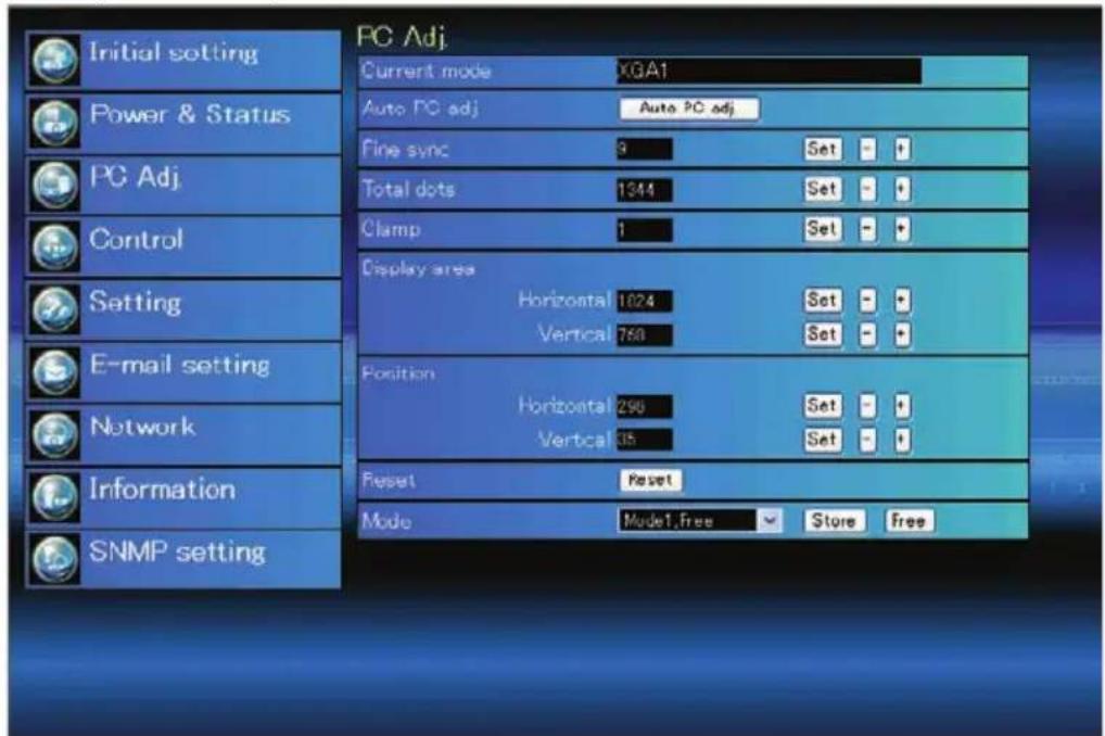PC Adj Current mode XGA1 Auto PC adj Auto PC adj Fine sync 9 Set - + Total dots 1344 Set - + Clamp 1 Set - + Display area Horizontal 1024 Set - + Vertical 750 Set - + Position Horizontal 290 Set - + Vertical 35 Set - + Reset Reset Mode Mode1,Free Store Free Initial setting Power & Status PC Adj Control Setting E-mail setting Network Information SNMP setting