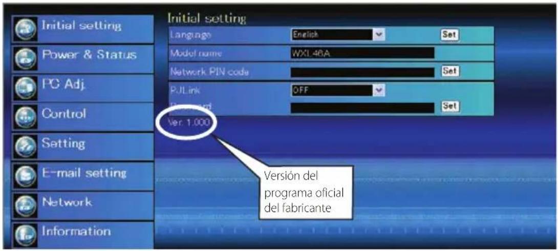Initial setting Language English Set Model name WXL46A Network PIN code Set PJLink OFF Version Set Ver 1.000 Versión del programa oficial del fabricante