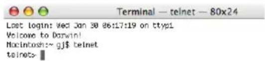 Terminal — telnet — 80x24 Lost login: Wed Jan 30 06:17:19 on ttyp1 Welcome to Darwin! Nocintosh:~ gj$ telnet telnet>