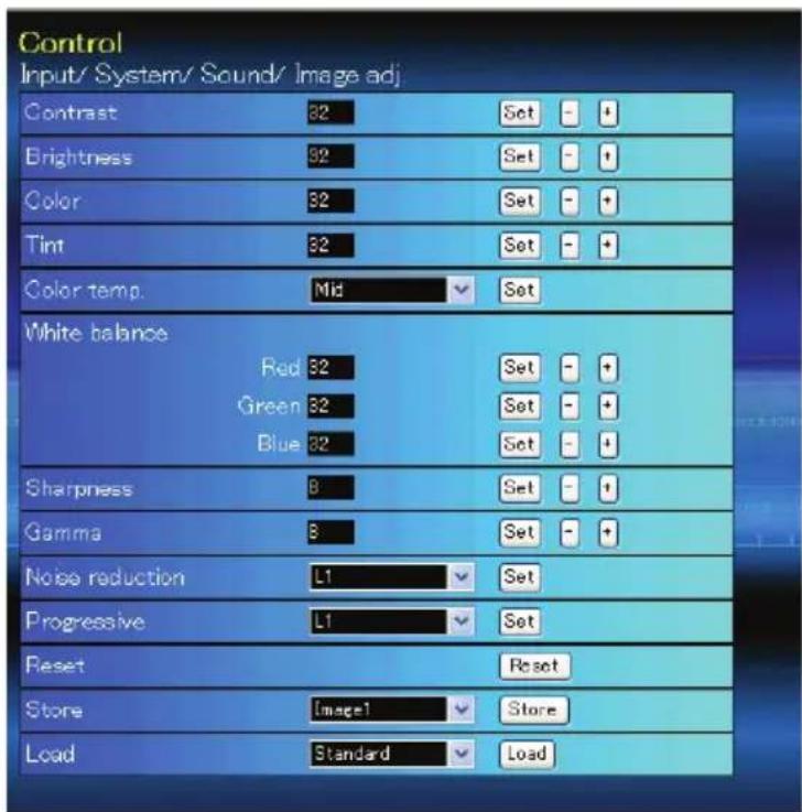 Control Input/ System/ Sound/ Image adj Contrast 82 Set - + Brightness 92 Set - + Color 32 Set - + Tint 32 Set - + Color temp. Mid Set White balance Red 32 Set - + Green 32 Set - + Blue 32 Set - + Sharpness 8 Set - + Gamma 8 Set - + Noise reduction L1 Set Progressive L1 Set Reset Reset Store Image1 Store Load Standard Load
