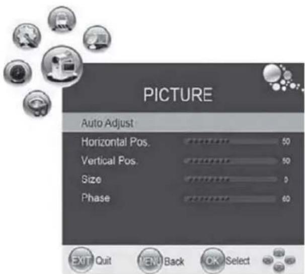 PICTURE Auto Adjust Horizontal Pos. 50 Vertical Pos. 50 Size 0 Phase 60 EXIT Quit MENU Back OK Select