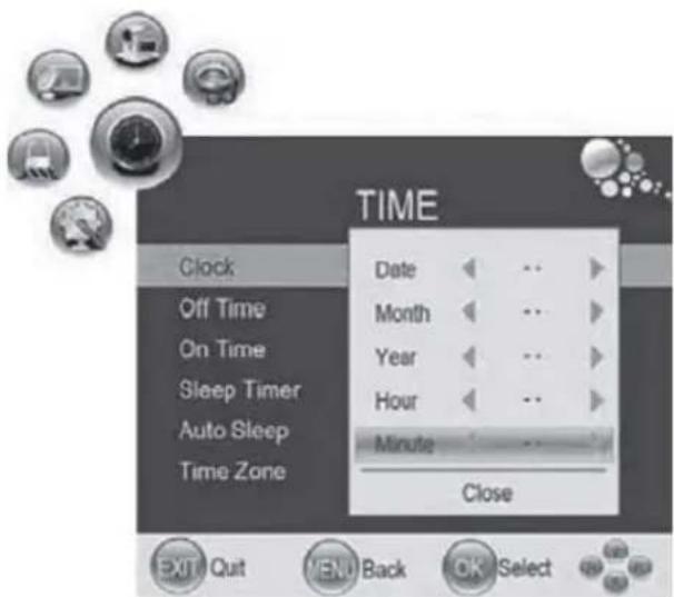 TIME Clock Off Time On Time Sleep Timer Auto Sleep Time Zone Date Month Year Hour Minute Close EXIT Quit MENU Back OK Select
