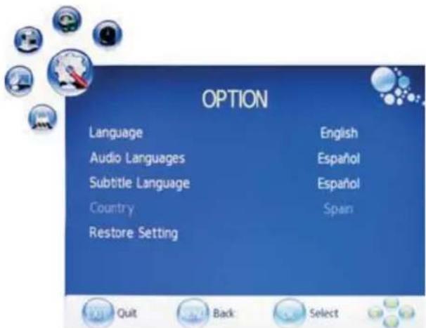 OPTION Language English Audio Languages Espanol Subtitle Language Espanol Country Span Restore Setting Quit Back Select