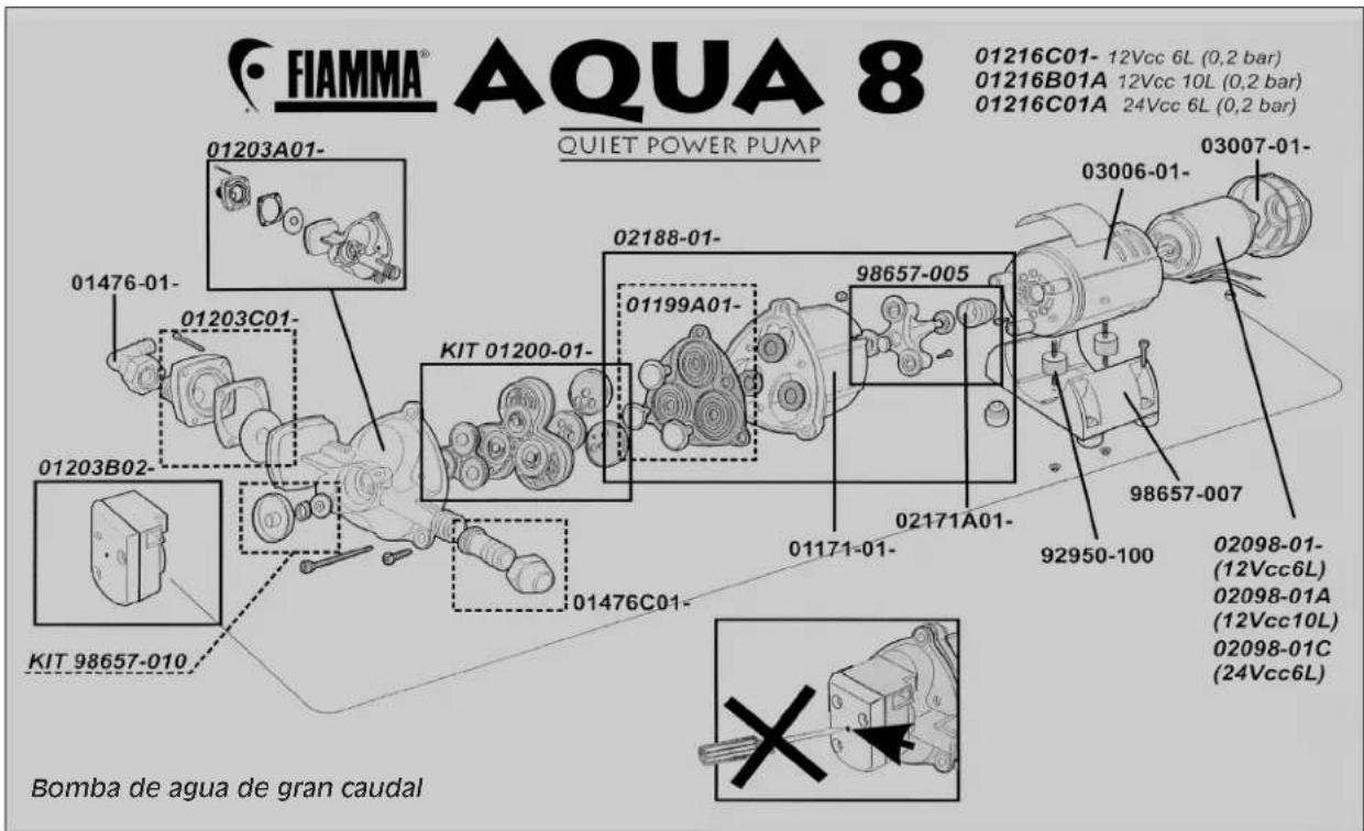 FIAMMA® AQUA 8 QUIET POWER PUMP 01216C01- 12Vcc 6L (0,2 bar) 01216B01A 12Vcc 10L (0,2 bar) 01216C01A 24Vcc 6L (0,2 bar) 03007-01- 03006-01- 02188-01- 01199A01- KIT 01200-01- 98657-005 98657-007 02171A01- 01171-01- 92950-100 02098-01- (12Vcc6L) 02098-01A (12Vcc10L) 02098-01C (24Vcc6L) 01476-01- 01203C01- KIT 98657-010 Bomba de agua de gran caudal