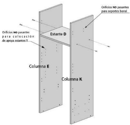 Orificios NO pasantes para colocación de apoya estantes Y Estante D Orificios NO pasantes para soportes barral Columna E Columna K