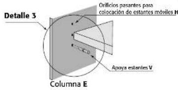 Orificios pasantes para colocación de estantes móviles H C.D. Apoya estantes V Detalle 3 Columna E