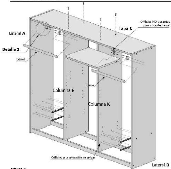 Lateral A Detalle 2 BarraI Columna E Tapa C Orificios NO pasantes para soporte barral BarraI Columna K Orificios para colocación de coliras Lateral B BASO 3