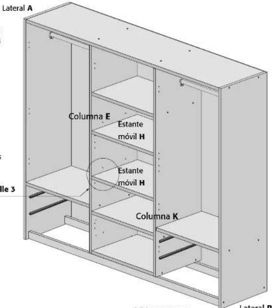 Lateral A Columna E Estante móvil H Estante móvil H Columna K Lateral B Ile 3