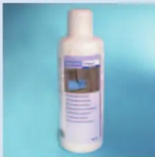 Product bottle with visible label and product description text against a blue background