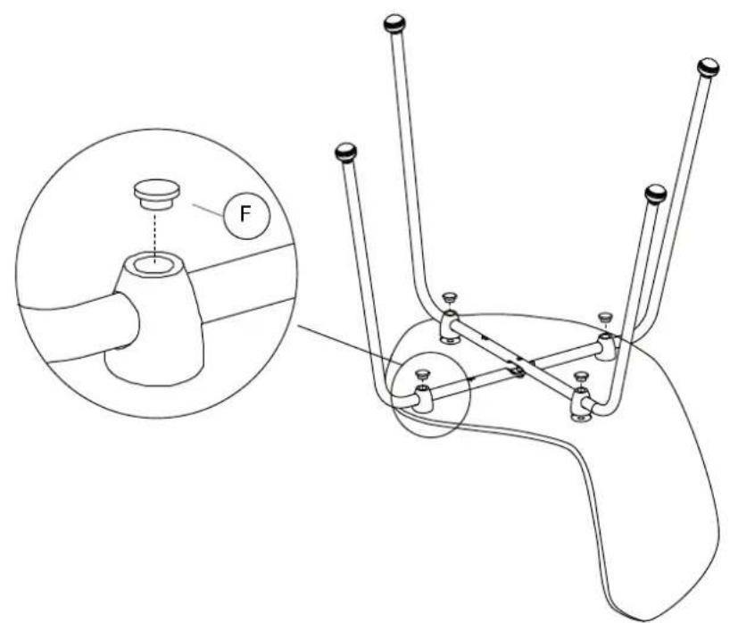 Technical diagram of a mechanical device with labeled parts and an inset showing a component labeled 'F'