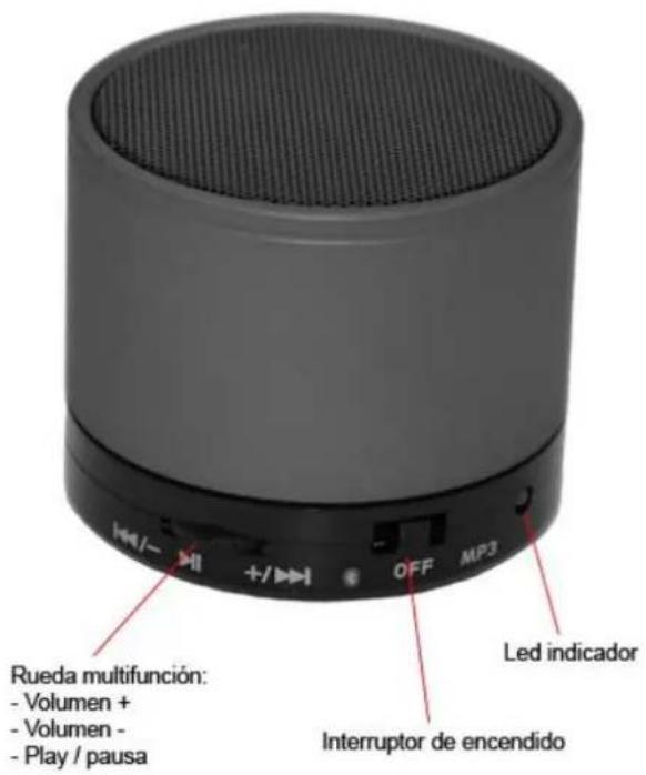 Rueda multifunción: - Volumen + - Volumen - - Play / pausa OFF MP3 Led indicador Interruptor de encendido