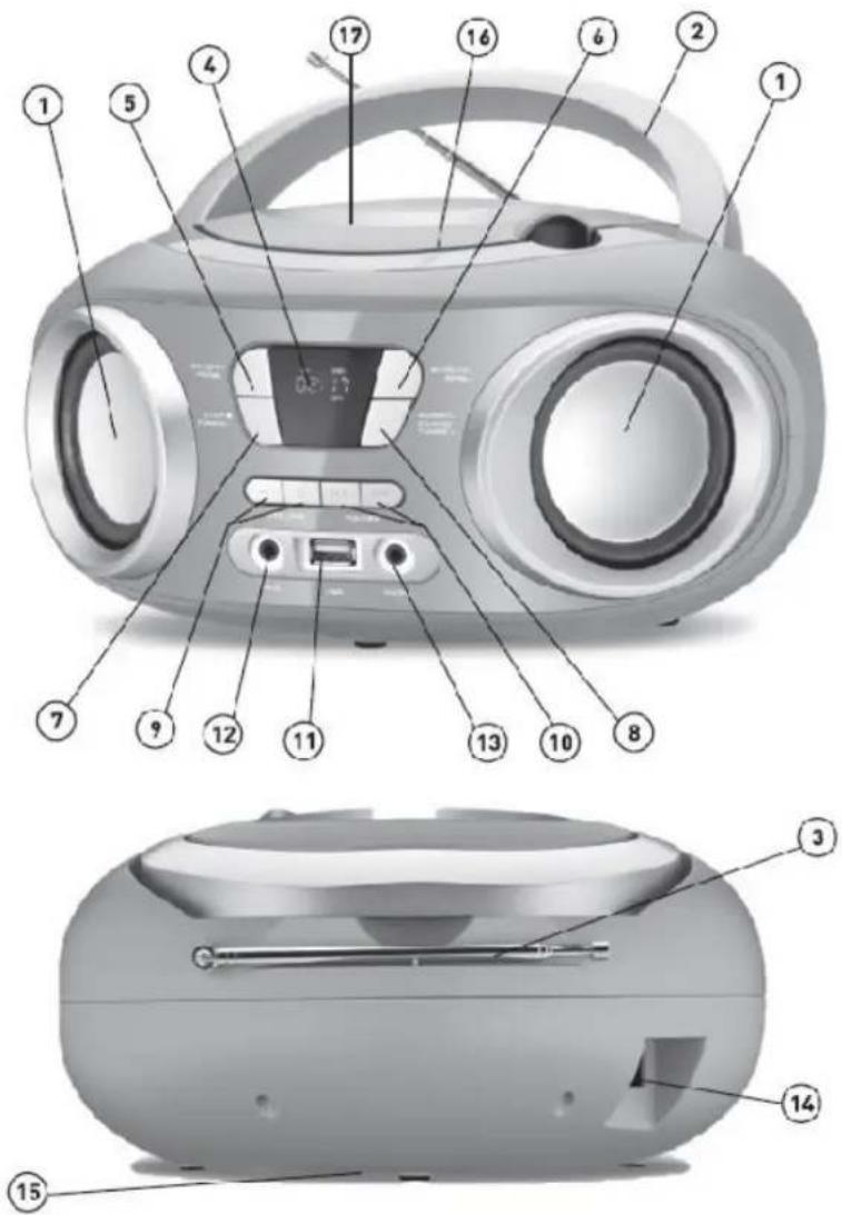 Diagram of a portable radio with numbered parts for identification and assembly reference.