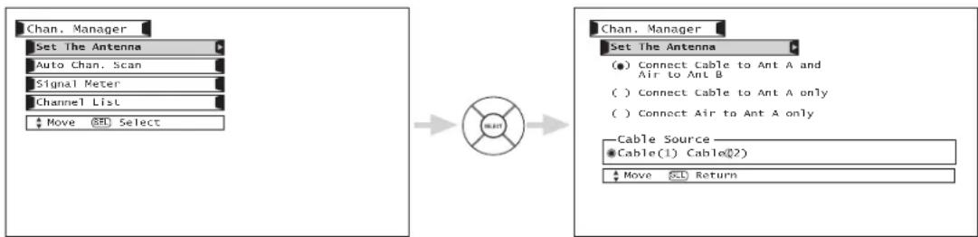 Chan. Manager Set The Antenna Auto Chan. Scan Signal Meter Channel List Move Select Chan. Manager Set The Antenna (●) Connect Cable to Ant A and Air to Ant B ( ) Connect Cable to Ant A only ( ) Connect Air to Ant A only Cable Source *Cable(1) Cable(2) Move Return