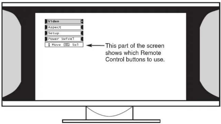 Video Aspect Setup Power Swivel Move (SE) Sel This part of the screen shows which Remote Control buttons to use.