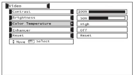 Video Contrast 100% Brightness 50% Color Temperature High Enhancer Off Reset Reset Move Select
