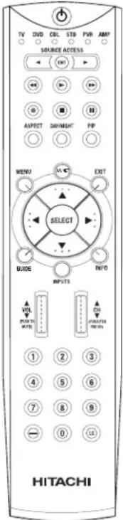 TV DVD CBL STB PVR AMP SOURCE ACCESS ← INT OK → ○ ASPECT DAY/WEIGHT PIP MENU EXIT SELECT GUIDE INFO INPUTS VOL PRESS ON/OFF 1 2 3 4 5 6 7 8 9 0 HITACHI