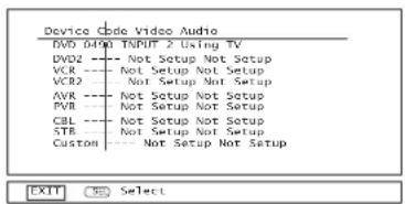 Device Code Video Audio DVD 0490 INPUT 2 Using TV DVD2 ---- Not Setup Not Setup VCR ---- Not Setup Not Setup VCR2 ---- Not Setup Not Setup AVR ---- Not Setup Not Setup PVR ---- Not Setup Not Setup CBL ---- Not Setup Not Setup STR ---- Not Setup Not Setup Custom ---- Not Setup Not Setup EXIT Select