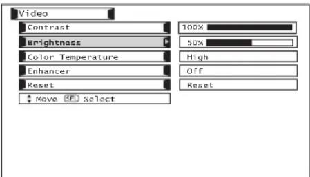 Video Contrast 100% Brightness 50% Color Temperature High Enhancer Off Reset Reset Move (E) Select
