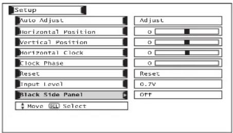 Setup Auto Adjust Horizontal Position Vertical Position Horizontal Clock Clock Phase Reset Input Level Black Side Panel Move ⬆L Select Adjust 0 0 0 0 Reset 0.7V Off