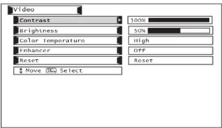 Video Contrast Brightness Color Temperature Enhancer Reset Move (OK) Select 100% 50% High Off Reset