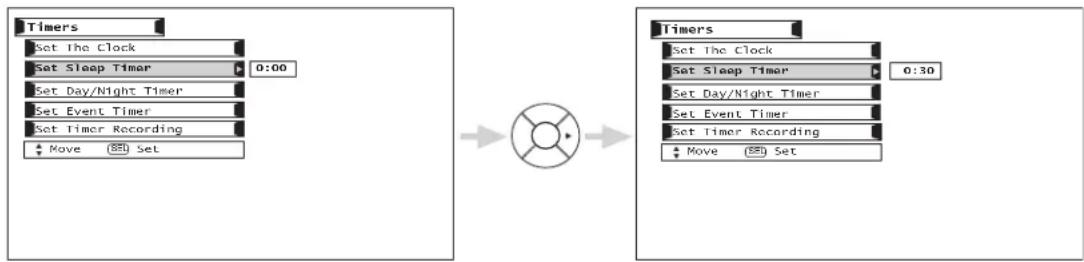 Timers Set The Clock Set Sleep Timer 0:00 Set Day/Night Timer Set Event Timer Set Timer Recording Move Set Timers Set The Clock Set Sleep Timer Set Day/Night Timer Set Event Timer Set Timer Recording Move Set 0:30