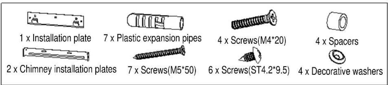 1 x Installation plate 2 x Chimney installation plates 7 x Plastic expansion pipes 7 x Screws(M5*50) 4 x Screws(M4*20) 6 x Screws(ST4.2*9.5) 4 x Spacers 4 x Decorative washers