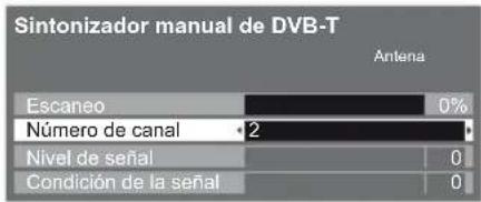 Sintonizador manual de DVB-T Antena Escaneo 0% Número de canal 2 Nivel de señal 0 Condición de la señal 0