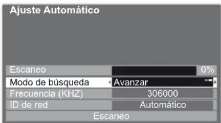 Ajuste Automático Escaneo 0% Modo de búsqueda Avanzar Frecuencia (KHZ) 306000 ID de red Automático Escaneo