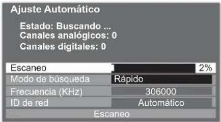Ajuste Automático Estado: Buscando ... Canales analógicos: 0 Canales digitales: 0 Escaneo 2% Modo de búsqueda Rápido Frecuencia (KHz) 306000 ID de red Automático Escaneo