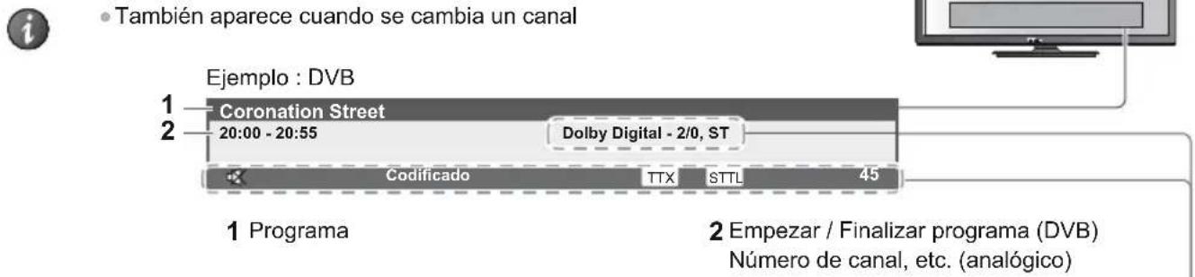 También aparece cuando se cambia un canal Ejemplo : DVB 1 Coronation Street 2 20:00 - 20:55 Dolby Digital - 2/0, ST Codificado TTX STTL 45 1 Programa 2 Empezar / Finalizar programa (DVB) Número de canal, etc. (analógico)