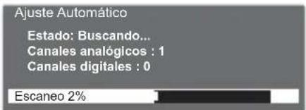 Ajuste Automático Estado: Buscando... Canales analógicos : 1 Canales digitales : 0 Escaneo 2%