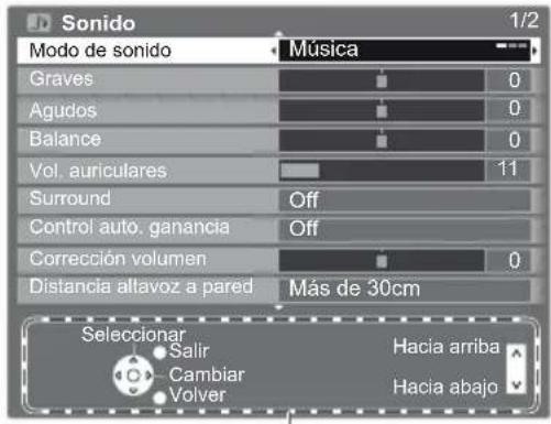 Sonido 1/2 Modo de sonido Música Graves 0 Agudos 0 Balance 0 Vol. auriculares 11 Surround Off Control auto. ganancia Off Corrección volumen 0 Distancia allavoz a pared Más de 30cm Seleccionar Sallir Hacia arriba Cambiar Volver Hacia abajo
