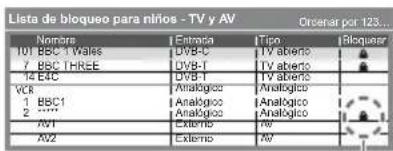 Lista de bloqueo para niños - TV y AV Ordenar por 123... Nombre Entrada Tipo Enloquera 101 BBC 1 Wales DVB-C TV aberto 7 BSC THREE DVB-T TV aberto 14 BBC DVB-T TV aberto VCS Analogico Analogico 1 BBC1 Analogico Analogico 2 **** Analogico Analogico A01 Exterio No A02 Exterio No