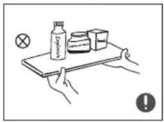 Diagram showing a hand holding a tray with a bottle, a block, and a cross symbol, alongside a warning icon.