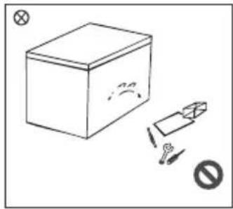 Diagram showing a cube with a broken rectangle and a prohibition symbol, accompanied by a crossed-out cross and a downward arrow.