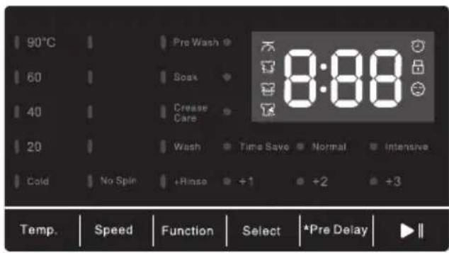 90°C 60 40 20 Cold Pre Wash Soak Crease Care Wash Time Save Normal Intensive +1 +2 +3 Temp. Speed Function Select *Pre Delay ▶