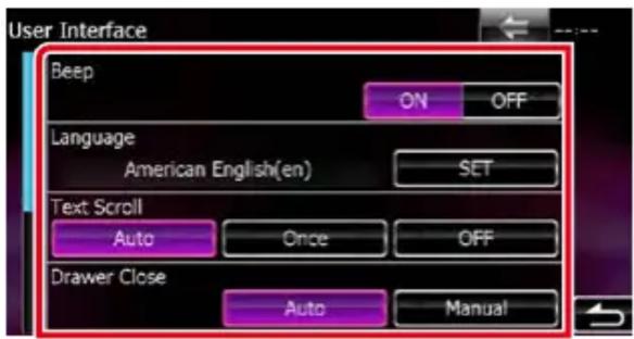 User Interface Beep ON OFF Language American English(en) SET Text Scroll Auto Once OFF Drawer Close Auto Manual