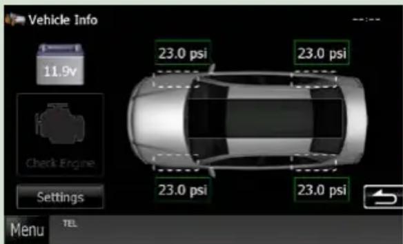 Vehicle Info 11.9v Check Engine Settings 23.0 psi 23.0 psi 23.0 psi 23.0 psi Menu TEL