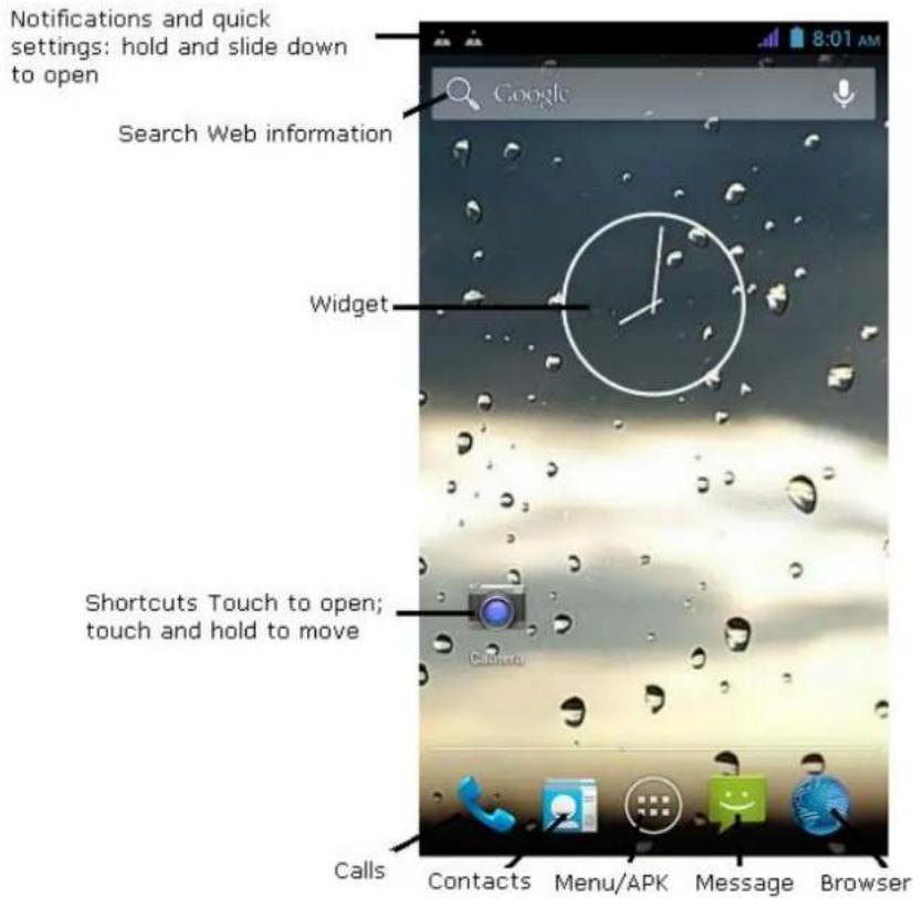 Notifications and quick settings: hold and slide down to open Search Web information Widget Shortcuts Touch to open; touch and hold to move Calls Contacts Menu/APK Message Browser