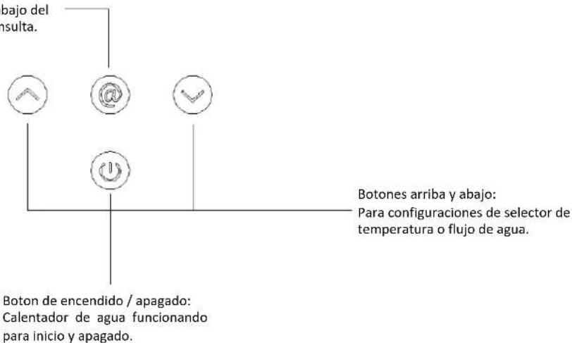 bajo del consulta. Botones arriba y abajo: Para configuraciones de selector de temperatura o flujo de agua. Boton de encendido / apagado: Calentador de agua funcionando para inicio y apagado.