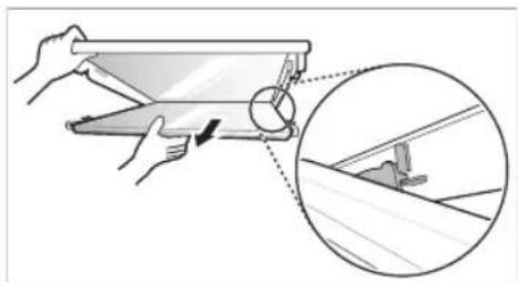 Illustration of hands using a measuring tool to adjust or install a component, with an inset magnified view showing the detail.