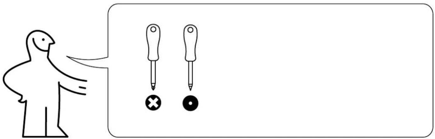 Diagram showing a person pointing at two screwdriver tips with a cross and a circle below, likely illustrating a visual or instructional concept.