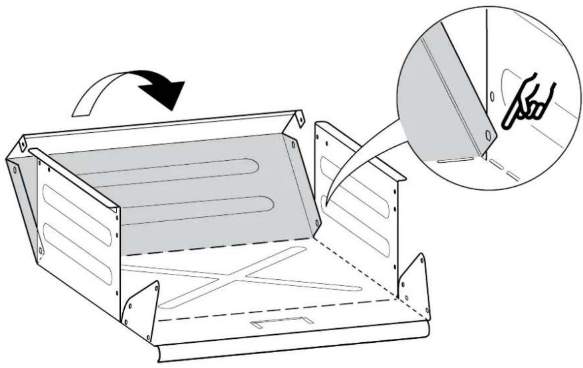 Technical diagram showing a metal frame assembly with an arrow indicating rotation and a magnified inset showing a close-up of the component.