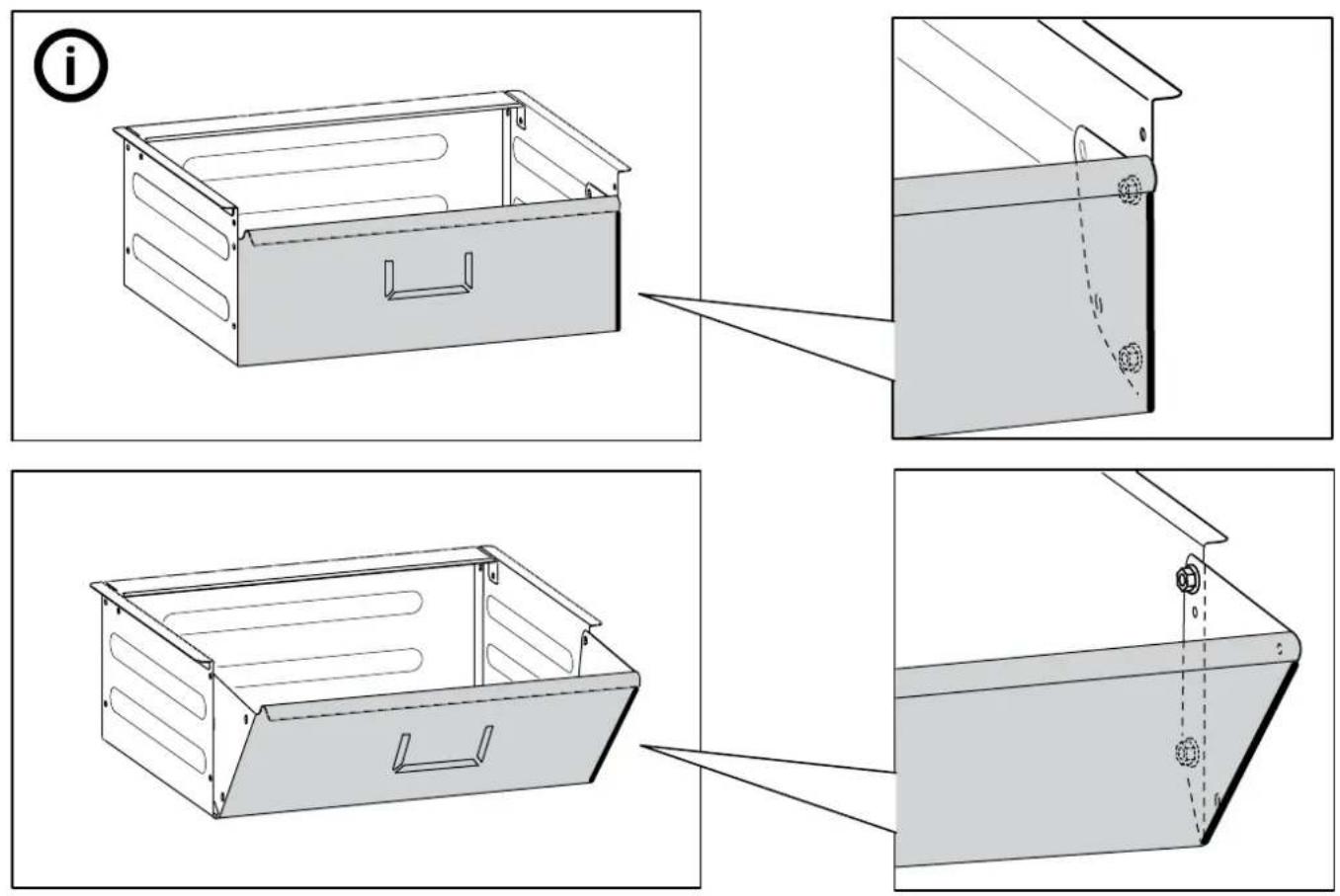 Technical diagram showing three-step assembly of a metal frame with labeled components and dashed alignment lines.